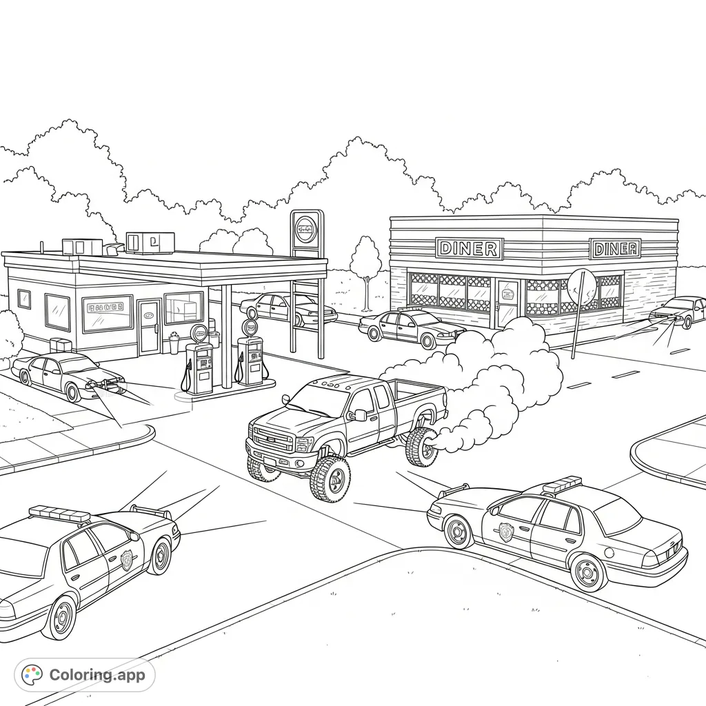 Explore a tense small-town street scene featuring a lifted diesel truck, two police cruisers, a classic gas station, and a diner. A dynamic American town coloring page.