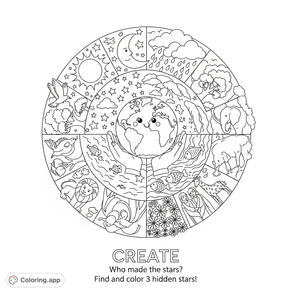 Explore God's creation in a detailed mandala: a smiling globe, celestial bodies, nature, animals, and Adam and Eve, with a traceable word and activity.