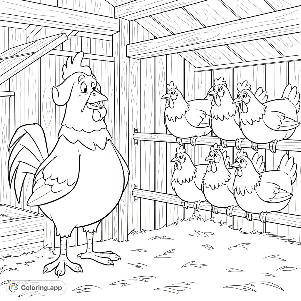 A charming farm scene featuring Foghorn Leghorn overseeing his roosting hens inside a rustic chicken coop. Perfect as a free printable Foghorn Leghorn coloring page!