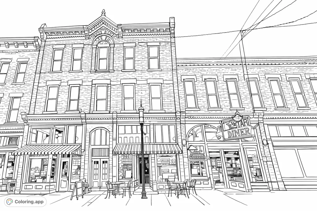 Explore a detailed historic building coloring page! Featuring ornate architecture, brick patterns, and charming storefronts, perfect for creative expression. A free printable coloring page.