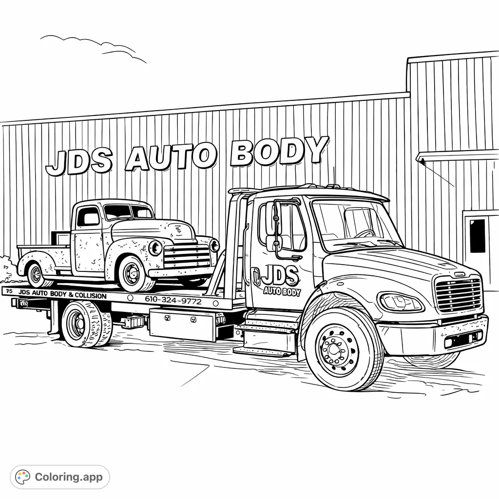 A robust tow truck transports a weathered classic pickup, set against an auto body shop. Perfect for enthusiasts of vintage vehicles and mechanical details.