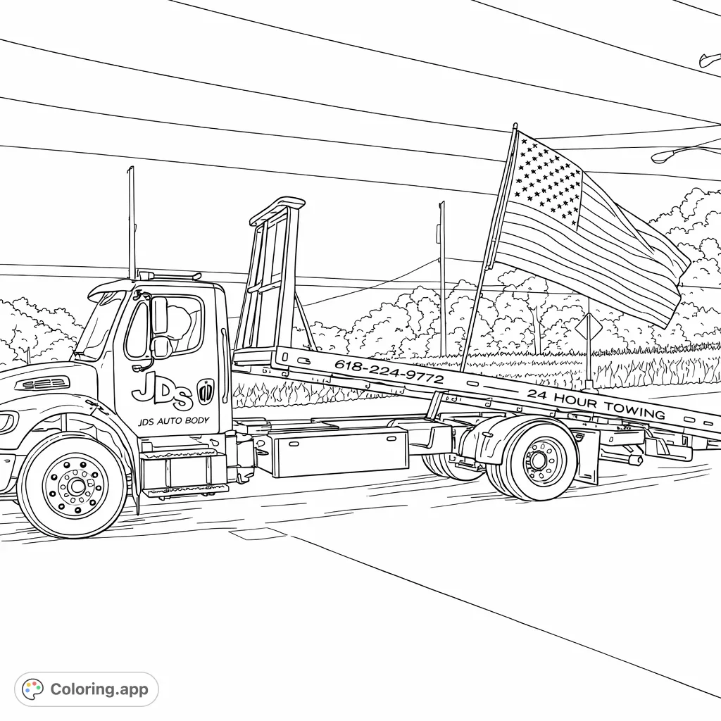 A detailed tow truck proudly displays a national flag, set against a backdrop of rural scenery. Perfect for vehicle enthusiasts and patriotic colorists.