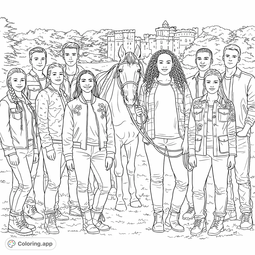 Color a lively group of ten friends and a majestic horse in front of a grand castle estate. Perfect for fans of equestrian adventures and detailed scenes.