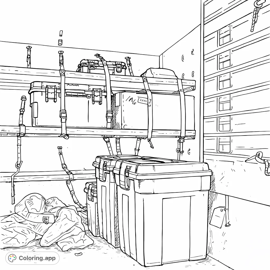 Explore a detailed utility storage space with shelves, various containers, and gear. A unique organization-themed coloring page for all ages to personalize.
