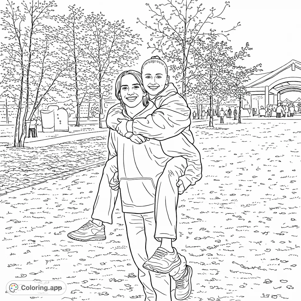 Celebrate friendship with this dynamic piggyback ride coloring page. Two joyful individuals in a park setting, surrounded by trees and a distant building.