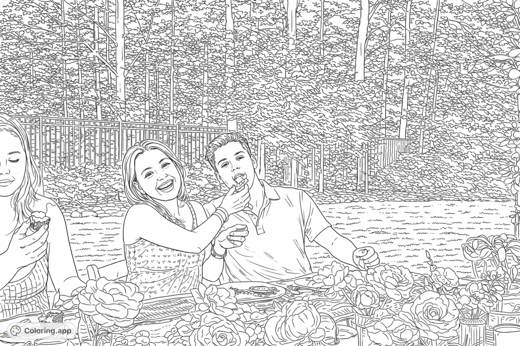 Capture the joy of an outdoor dessert celebration! This free printable coloring page features friends sharing sweet treats amidst beautiful floral decorations in a garden setting.