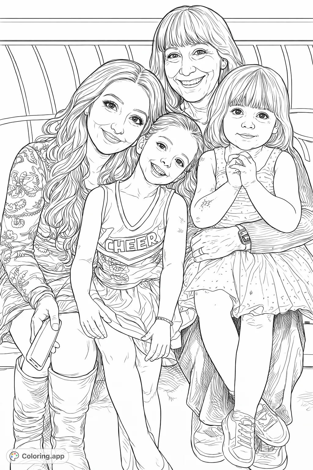 A heartwarming family gathering featuring women and children sharing joyful smiles, perfect for a personalized coloring page. Celebrate connections and create cherished memories.