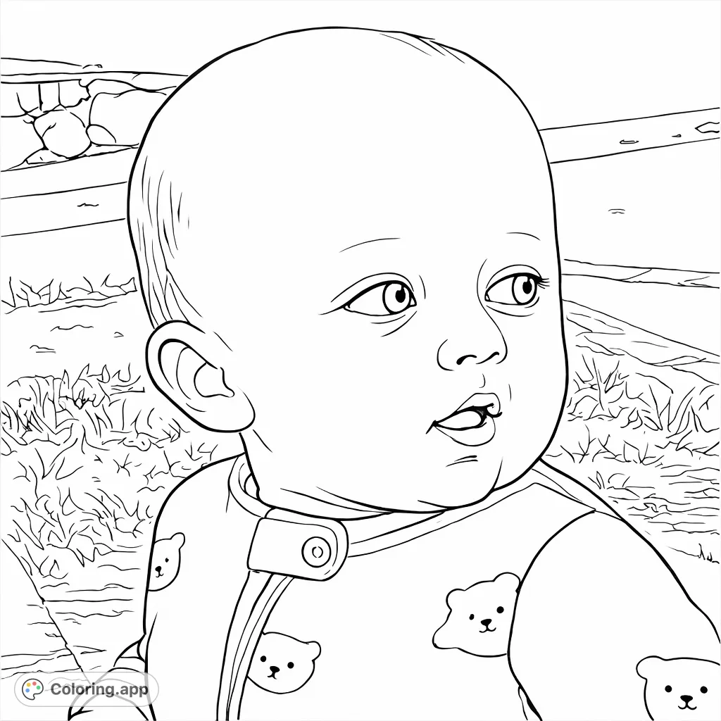 A charming baby in a sleeper featuring adorable bear patterns, looking curiously to the side. A delightful scene for all ages to color and enjoy.