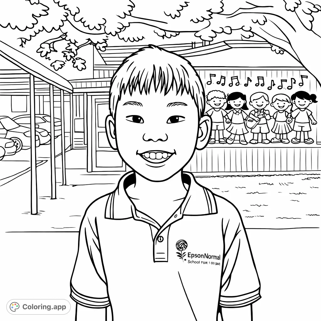 A cheerful child stands before a vibrant music mural, offering a delightful coloring page. Perfect for kids to express creativity with school and music themes.