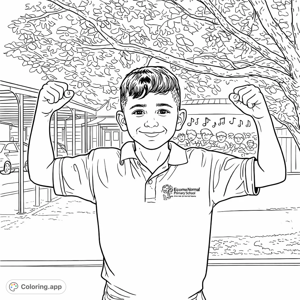 A cheerful boy in a school uniform flexes his muscles, ready for fun. Perfect for encouraging strength and school spirit.