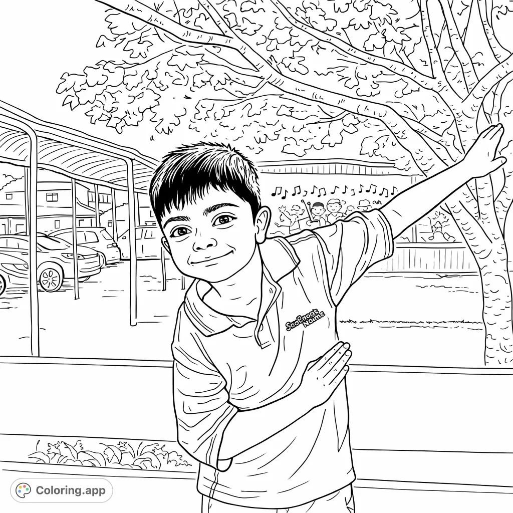 A cheerful schoolboy strikes a fun pose outdoors, with a walkway, cars, and a musical mural in the background. Perfect for kids!