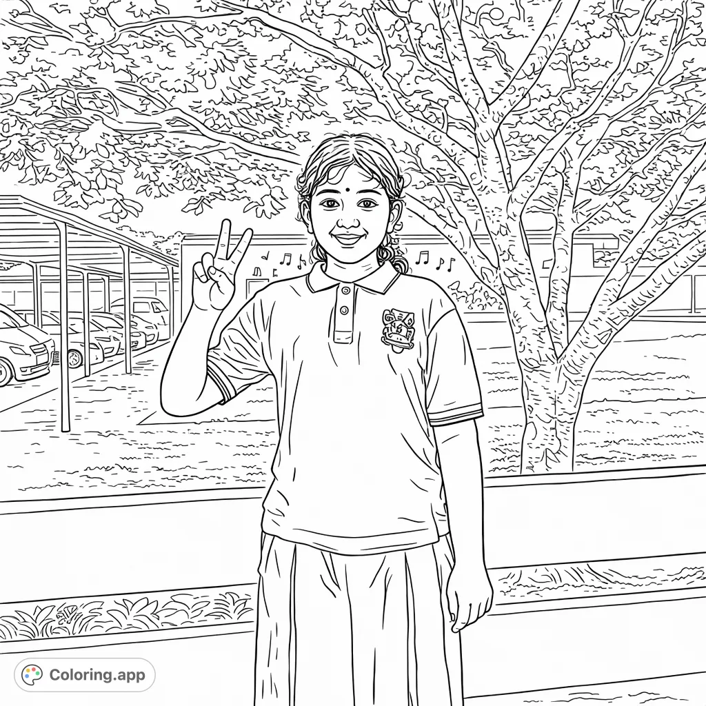Color a cheerful school child making a peace sign, set against a vibrant schoolyard and a majestic tree. Perfect for young students.