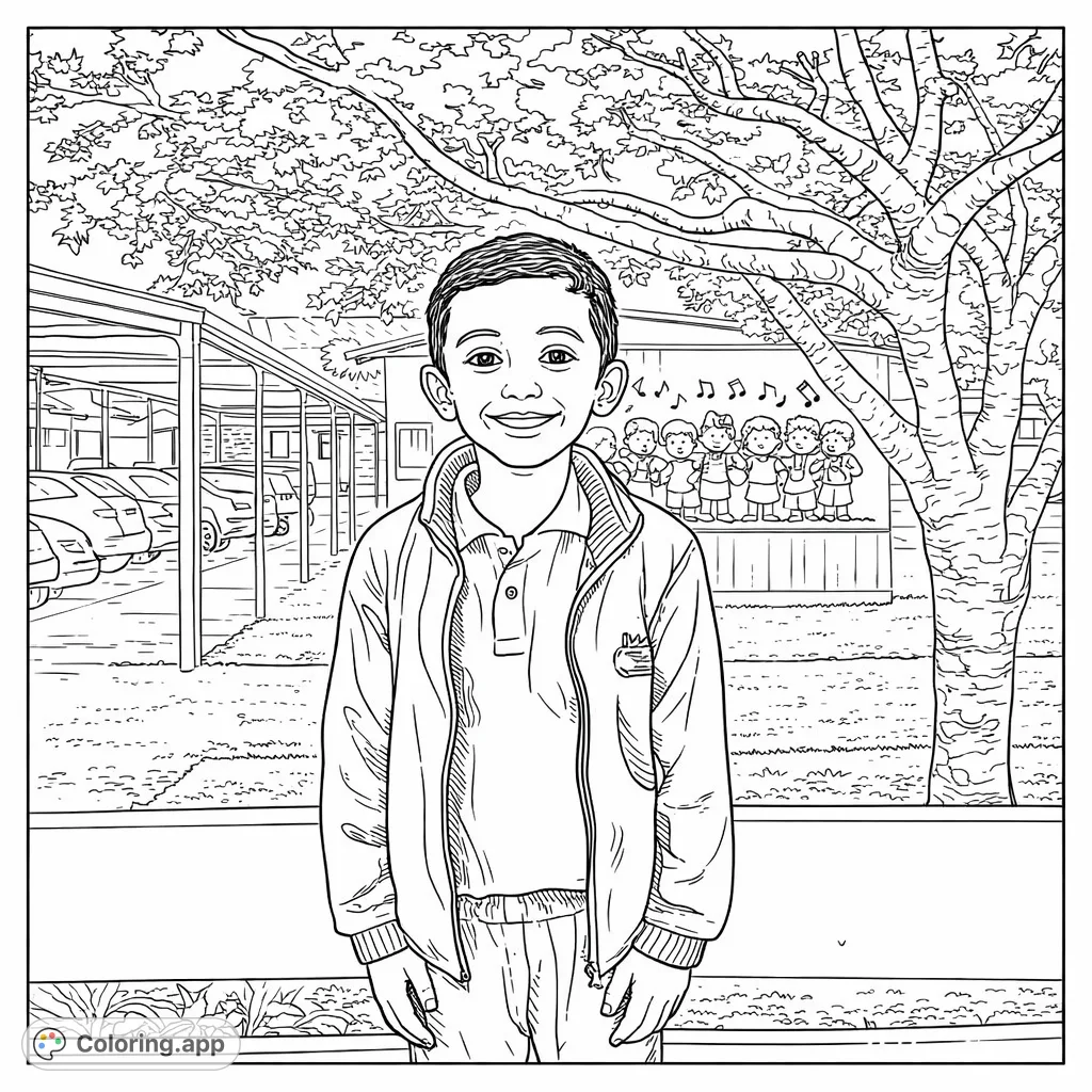 A cheerful boy stands in front of a school building with a musical mural and a large tree, ready to be brought to life with your favorite hues.