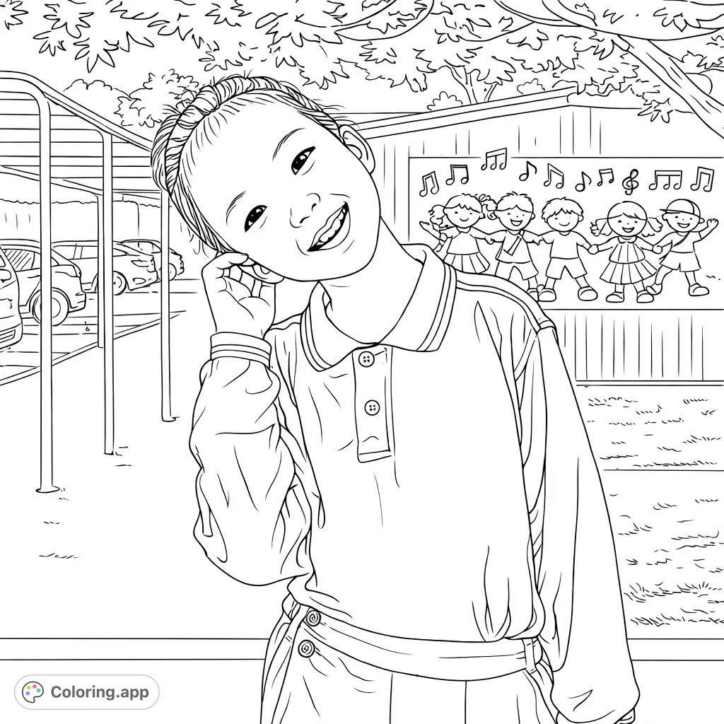 Capture the cheerful spirit of a young student in her school uniform, posing happily against a lively backdrop of a musical mural and school grounds.