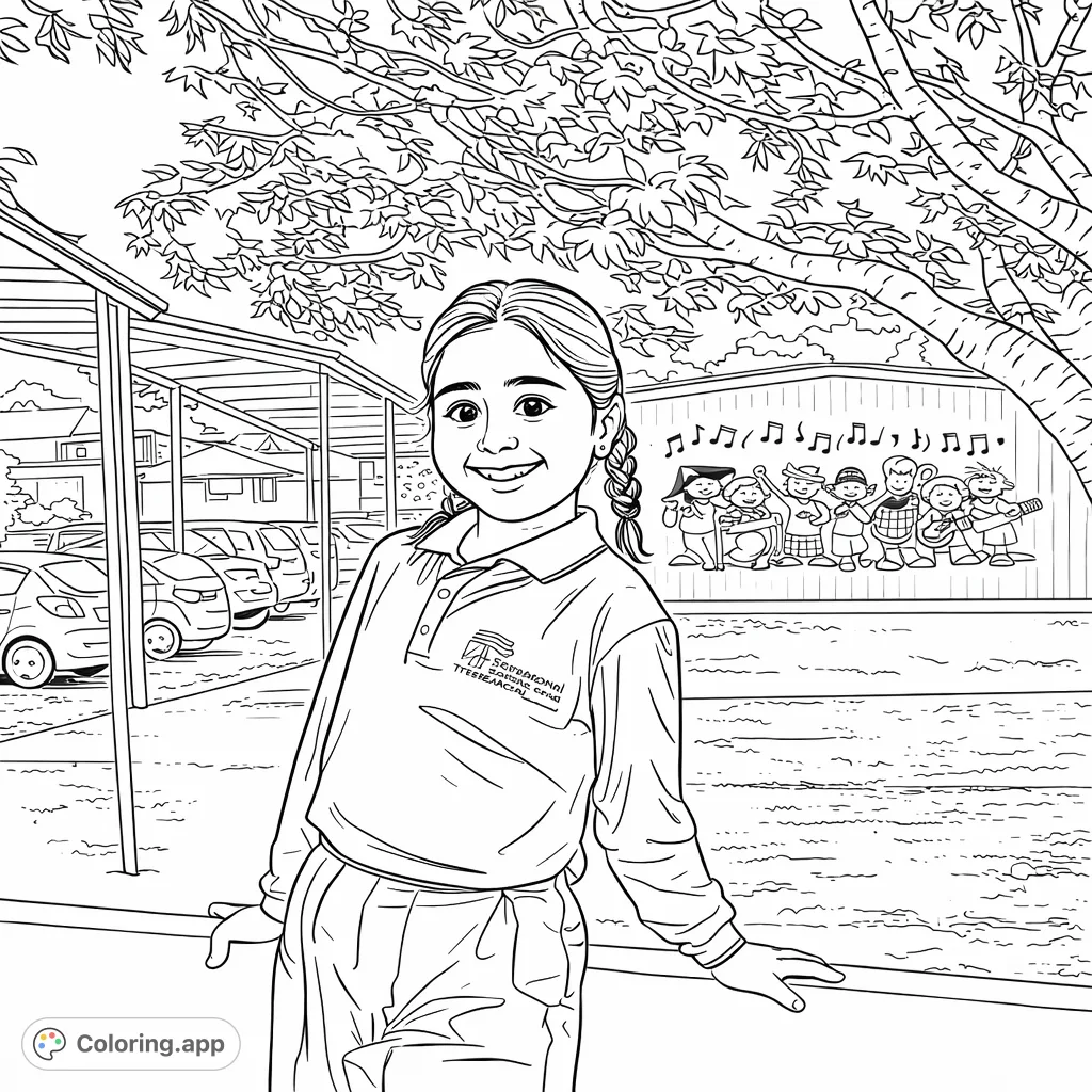 A cheerful girl in a school uniform smiles, leaning on a wall in a schoolyard. Features a vibrant musical mural and a leafy tree, perfect for creative coloring fun.