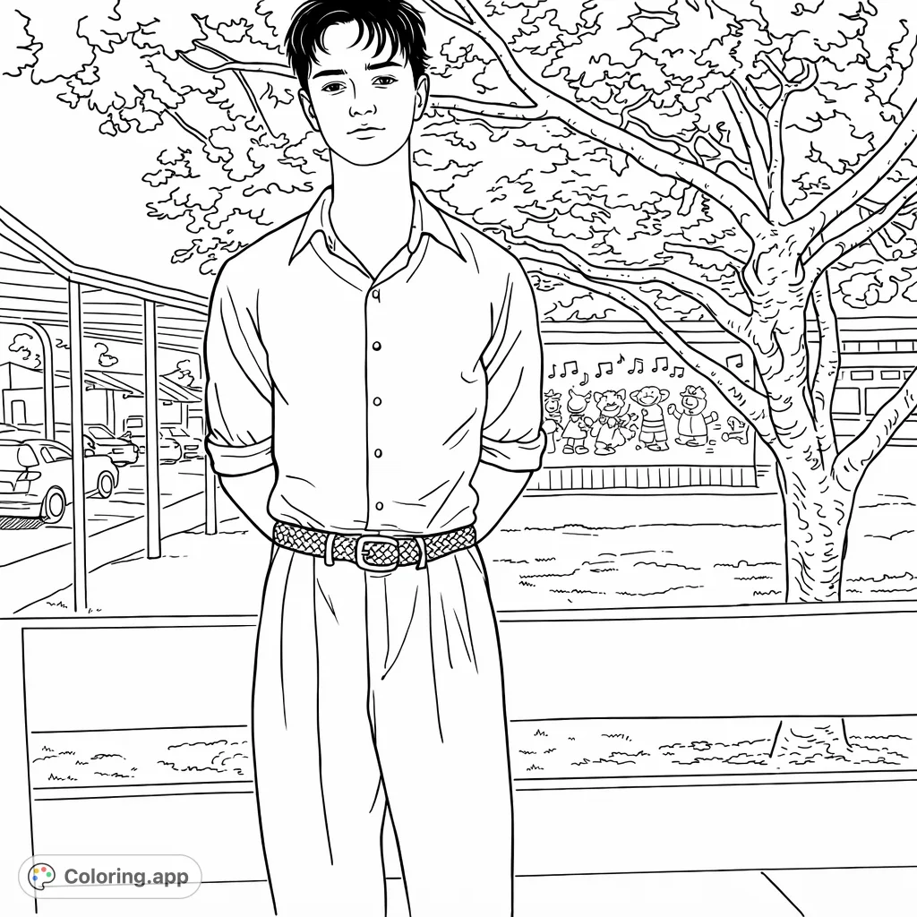 A young man stands confidently outdoors, set against a backdrop of a lush tree and a vibrant musical mural. A detailed scene for thoughtful coloring.