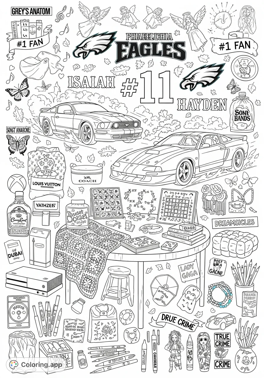 An intricate collage showcasing a world of cherished interests including cars, sports, luxury brands, hobbies, and personal connections, inviting detailed coloring.