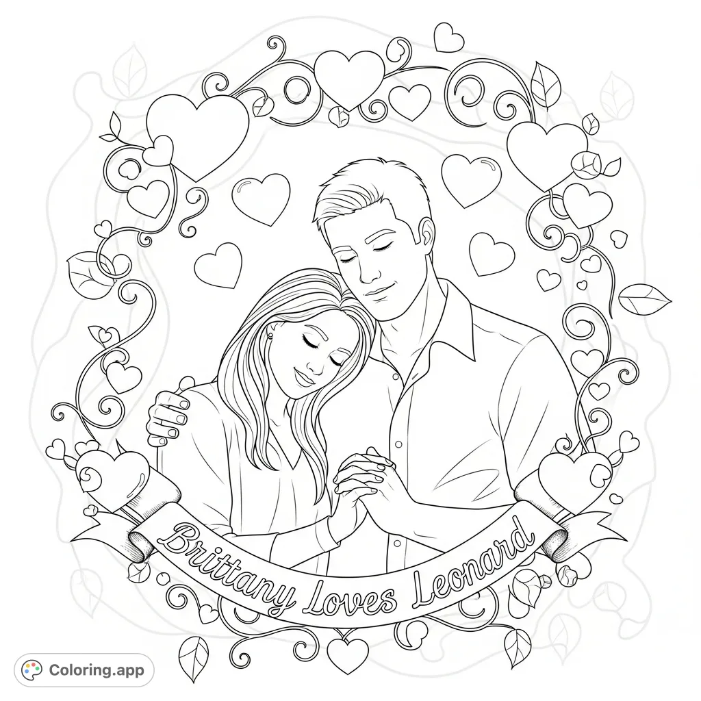 A heartfelt Brittany loves Leonard coloring page featuring a couple in a tender embrace, surrounded by decorative hearts, swirling florals, and a loving message.