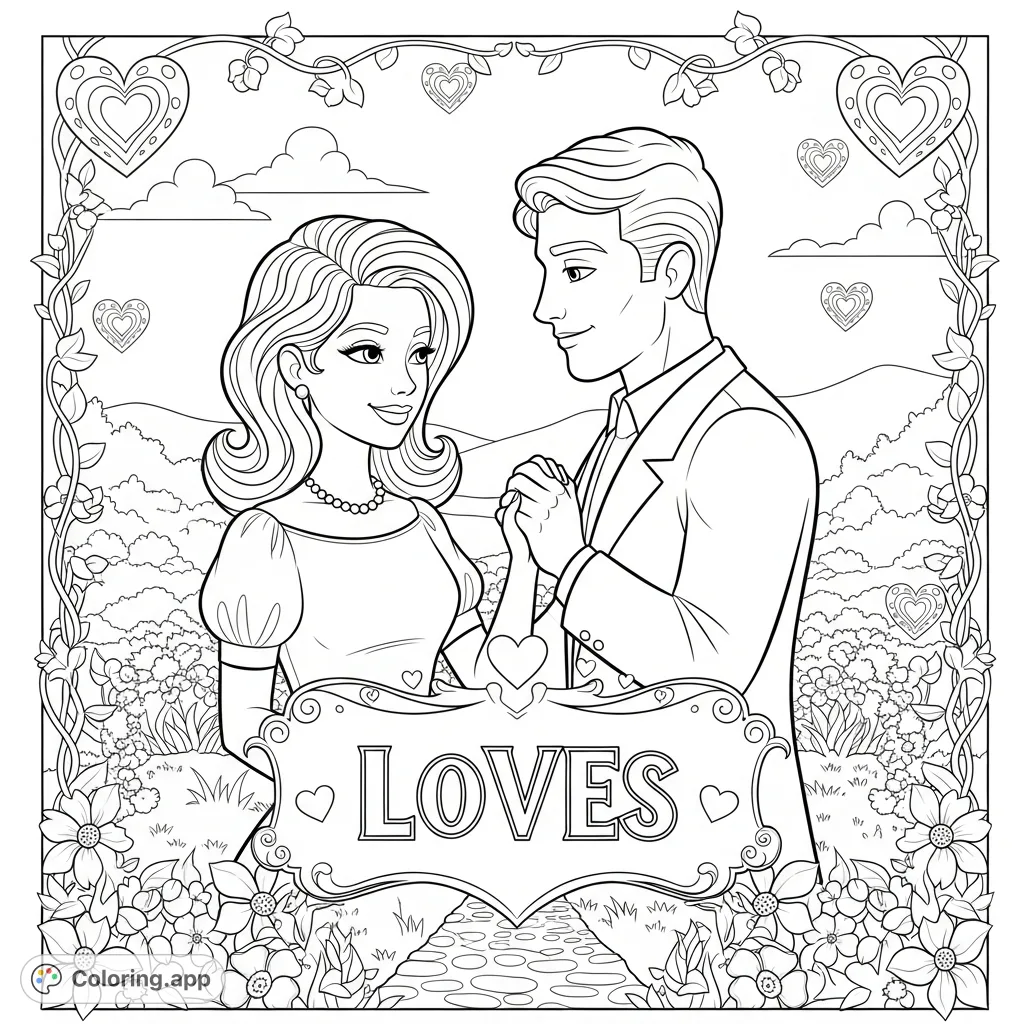 Celebrate love with Brittany and Leonard in a whimsical garden. This romantic coloring page features a sweet embrace, "Loves" text, and charming details.