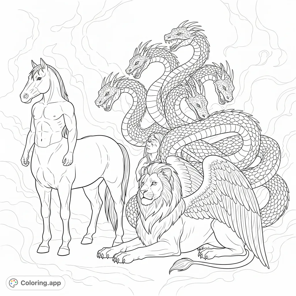 An epic mythical creatures coloring page, featuring a majestic centaur, a graceful winged sphinx, and a coiled hydra emerging from a mysterious mist.
