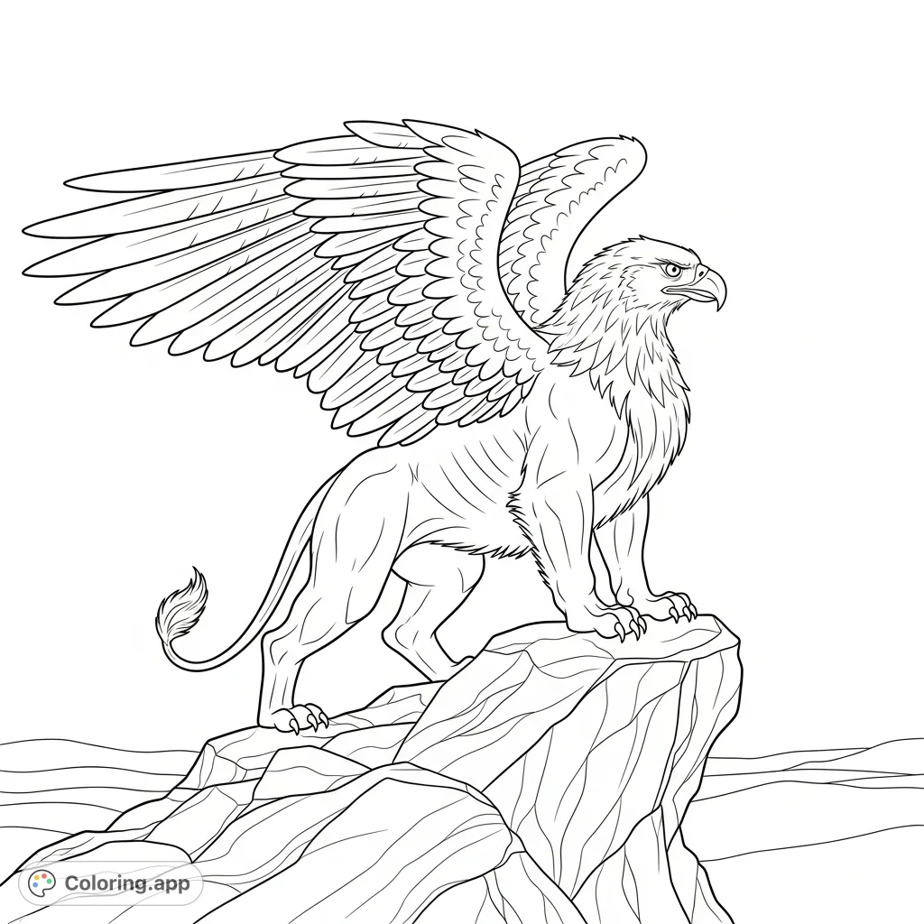 A majestic griffin with eagle wings and a lion's body stands poised on a rugged rock, gazing across a vast landscape. Intricate details await your creative touch!