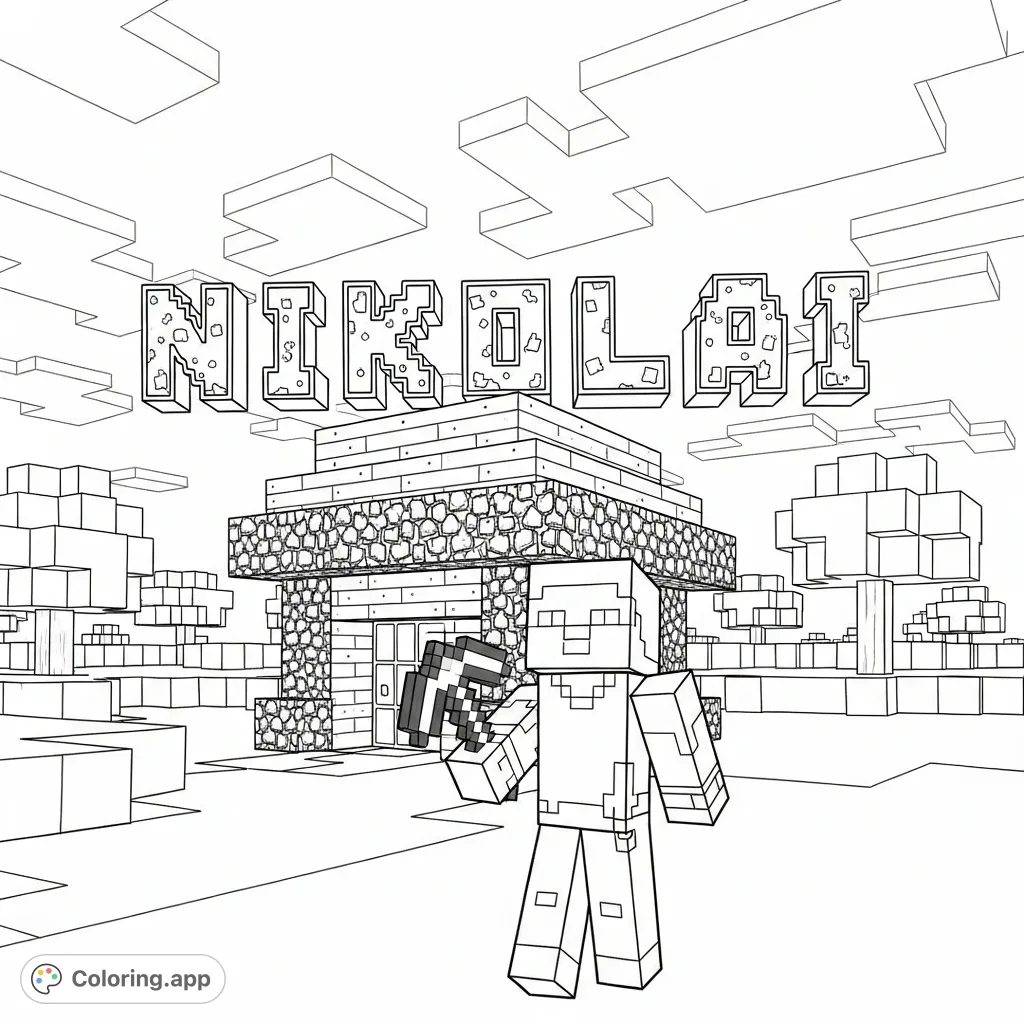 Explore a pixelated Minecraft scene featuring a blocky character, a house, and the name "NIKOLAI" built from distinct blocks. A fantastic Minecraft coloring page!