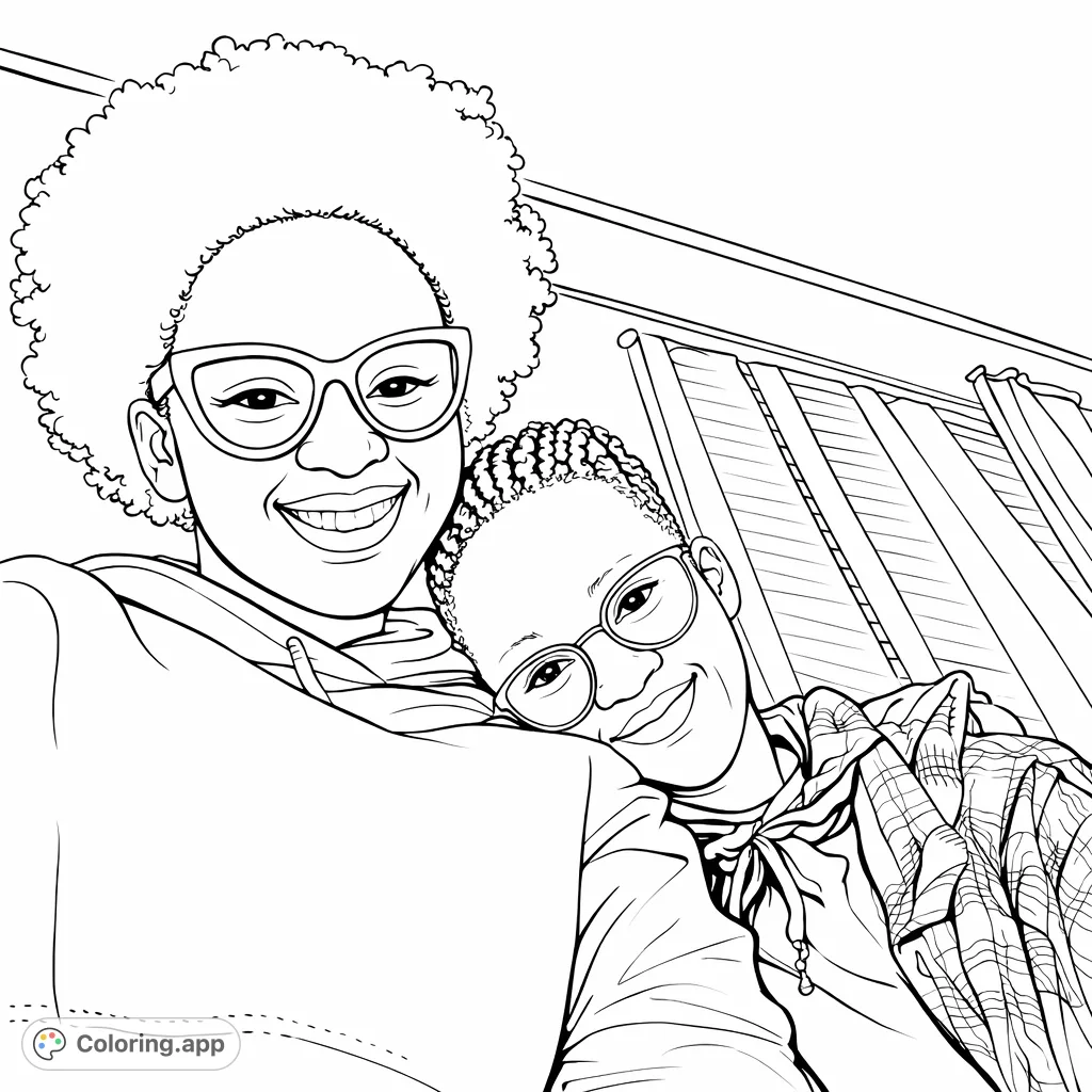 A heartwarming portrait of two smiling individuals, one with striking glasses and voluminous hair, enjoying a close moment together.