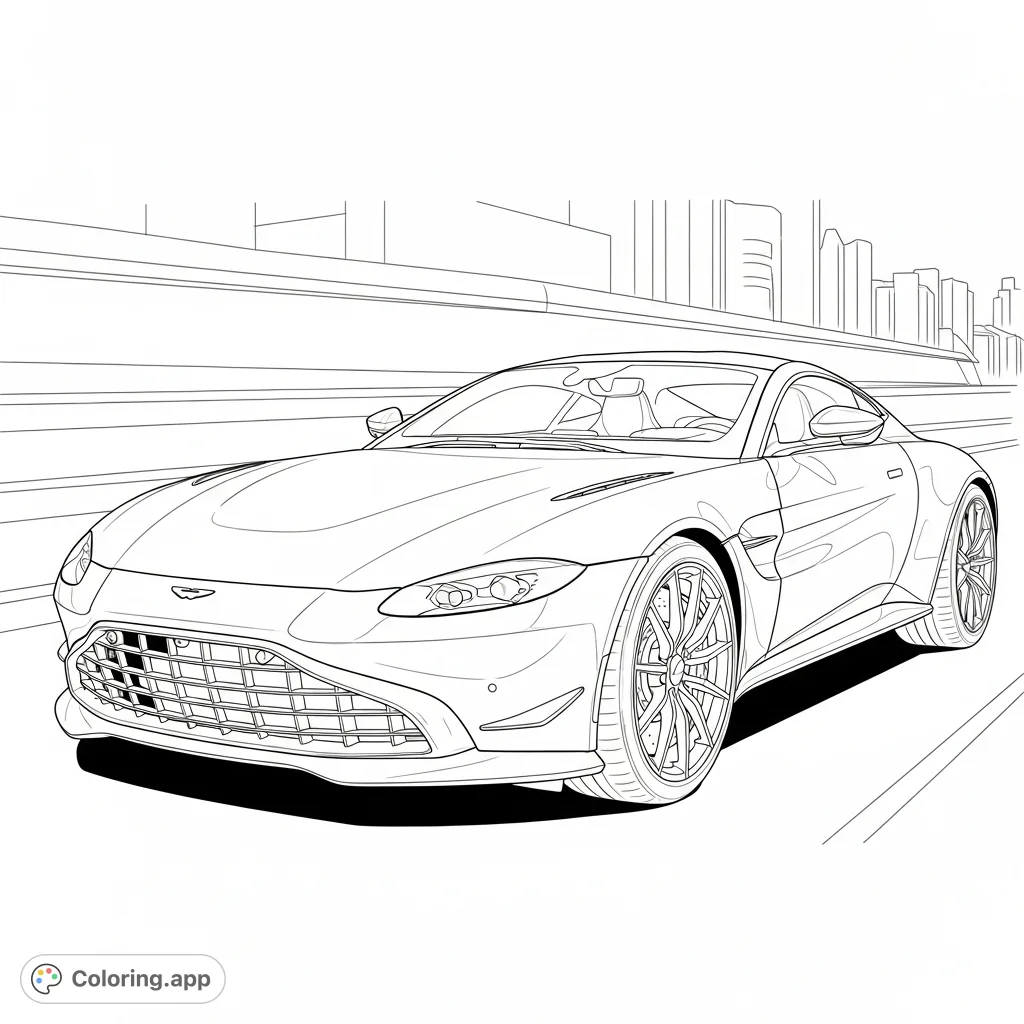 Experience the thrill of coloring a 2022 Aston Martin Vantage Coupe. This luxury sports car features sleek lines, detailed wheels, and a dynamic urban background.
