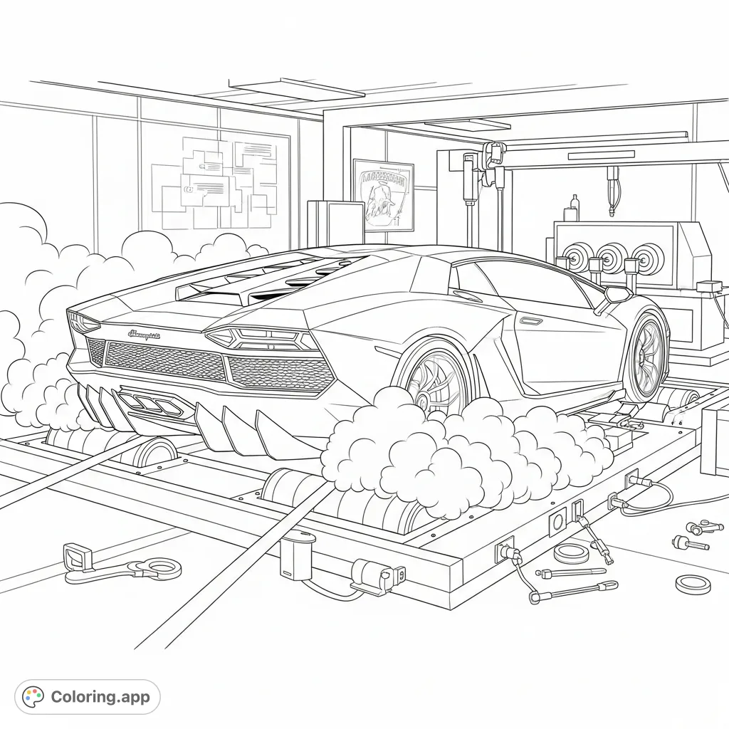 Experience the raw power of a Lamborghini concept car on a dyno test, billowing with tire smoke. A dynamic free printable vehicle coloring page.