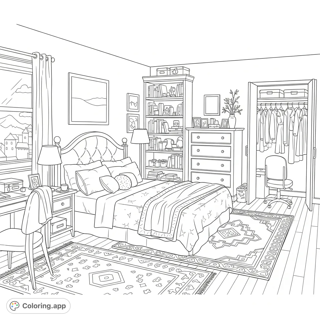 Explore a beautifully detailed bedroom, complete with a bed, dresser, bookshelf, desk, and various personal touches, inviting intricate coloring.