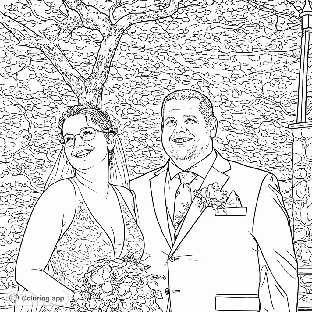 Celebrate love with this touching wedding couple portrait. Featuring a happy bride with a bouquet and a dapper groom against a nature backdrop.