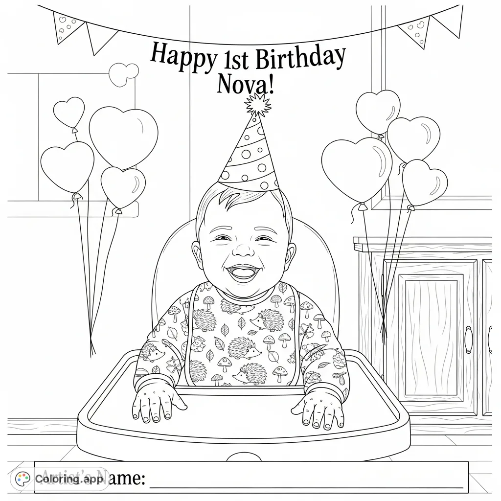 Celebrate a special first birthday with this adorable coloring page featuring a cheerful baby, party hat, hedgehog bib, and "Happy 1st Birthday Beau!" banner.