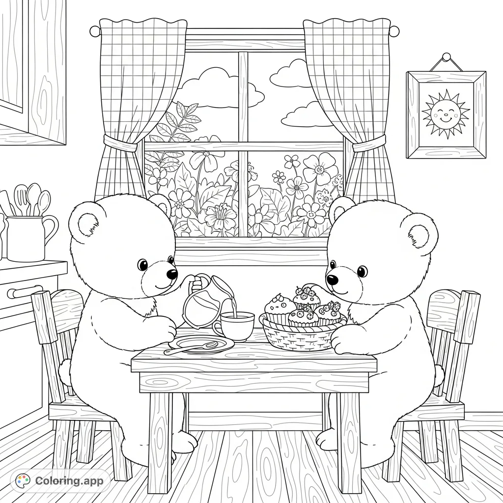 Two sweet bear cubs enjoy a cozy meal in their charming kitchen, one pouring milk, the other reaching for muffins, surrounded by a delightful domestic scene.