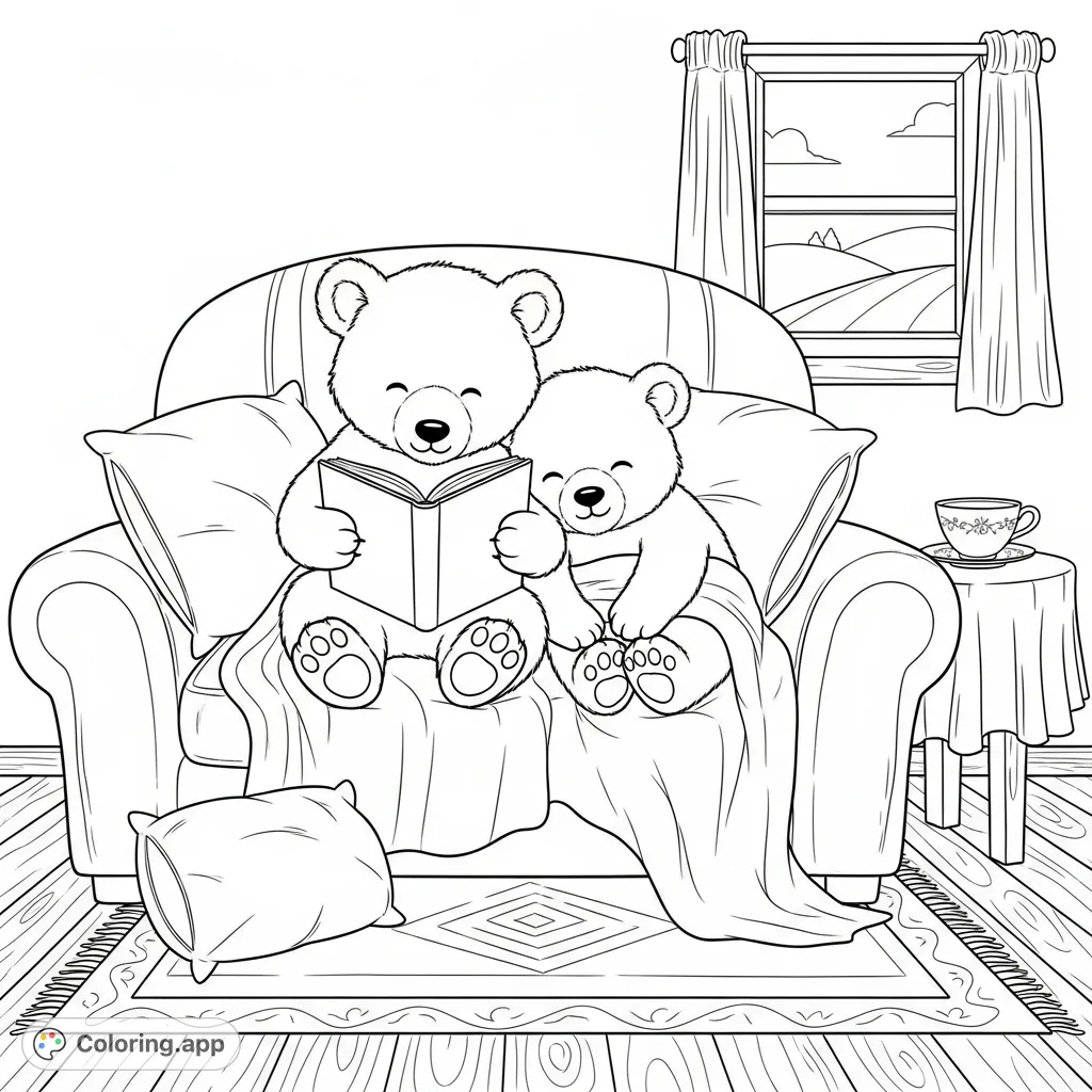 Two adorable bear cubs snuggled on an armchair, one reading a storybook to its sibling, draped in a soft blanket in a cozy living room scene. A sweet moment of togetherness.