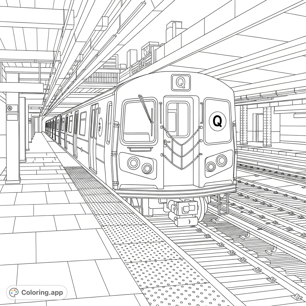 Embark on an urban adventure with this NYC MTA Q train coloring page! Features the iconic train at a platform, perfect for young city explorers.