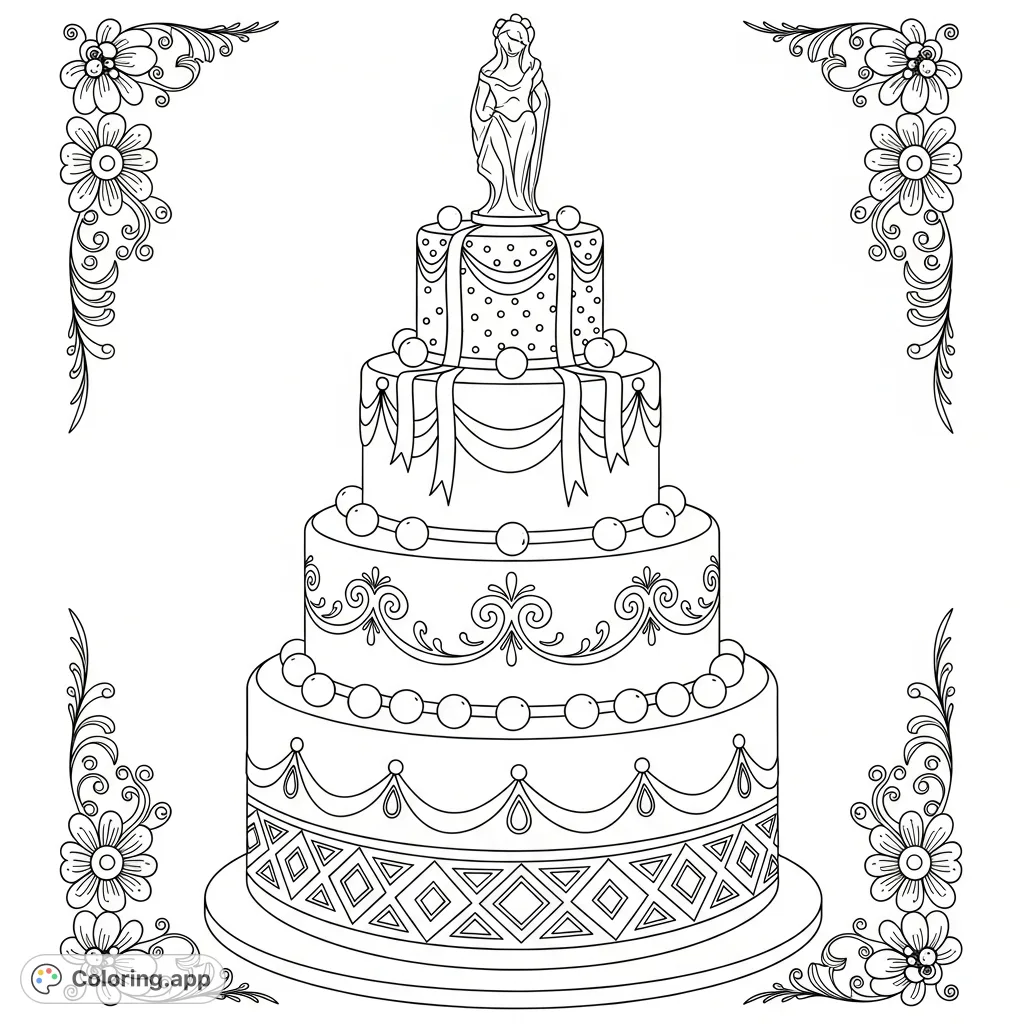 A majestic three-tiered celebration cake adorned with intricate piping, delicate floral patterns, and elegant ribbons, offering a delightful coloring experience.