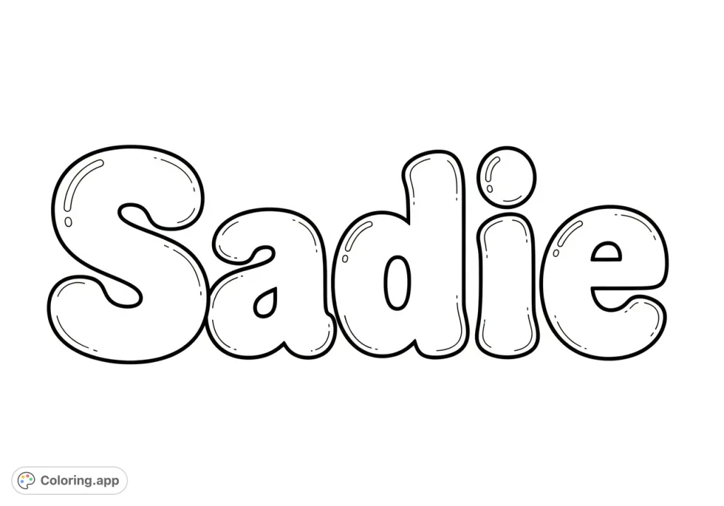 A fun and simple coloring page featuring the name 'Sadie' in bold, rounded bubble letters. Perfect for personalizing or a relaxing creative session!