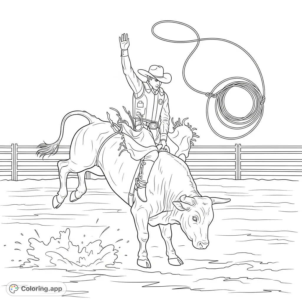 Experience the thrill of a rodeo with this bull rider coloring page. Capture the intense action of a cowboy on a bucking bull in an arena.