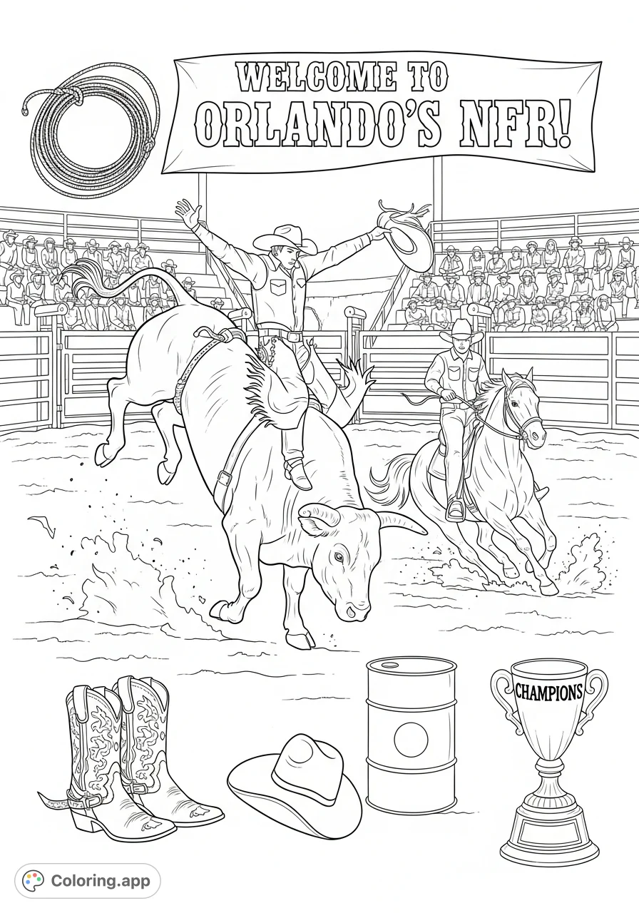 Experience the thrill of the rodeo with this action-packed coloring page. Featuring bull riding, barrel racing, and "Welcome to Orlando's NFR!".