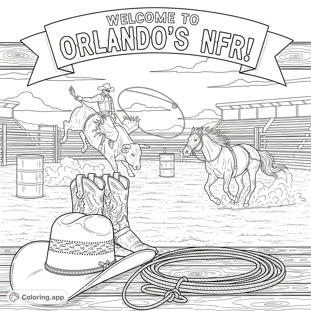 An exciting rodeo-themed coloring page featuring classic cowboy gear, dynamic bull riding, and horse racing scenes, with "Welcome to Orlando's NFR!" banner.