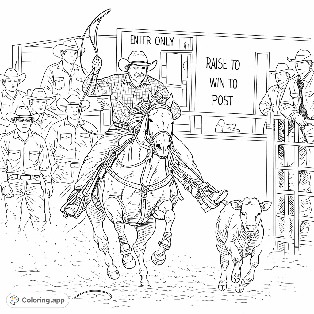 Dynamic rodeo scene featuring a cowboy on a galloping horse, mid-lasso, chasing a calf across a dusty arena. Perfect for Western enthusiasts!