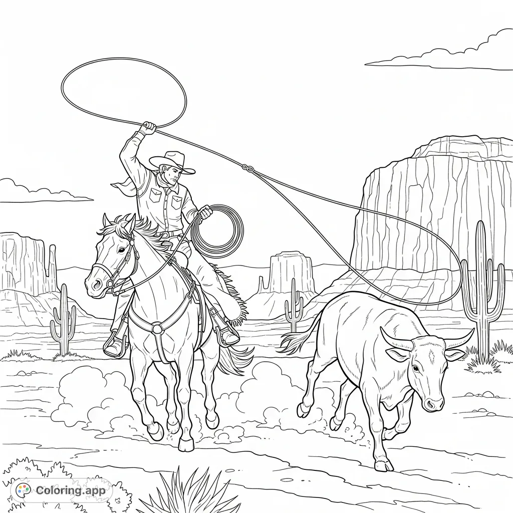 Dynamic rodeo scene: a skilled wrangler on horseback ropes a steer amidst a detailed desert landscape, complete with cacti and mesas. A captivating western coloring page.