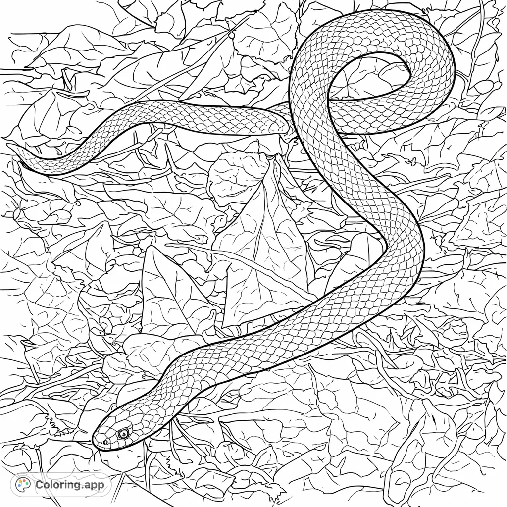 Explore the wilderness with this snake coloring page, featuring a detailed serpent winding through a natural forest floor covered in textured leaves and twigs.