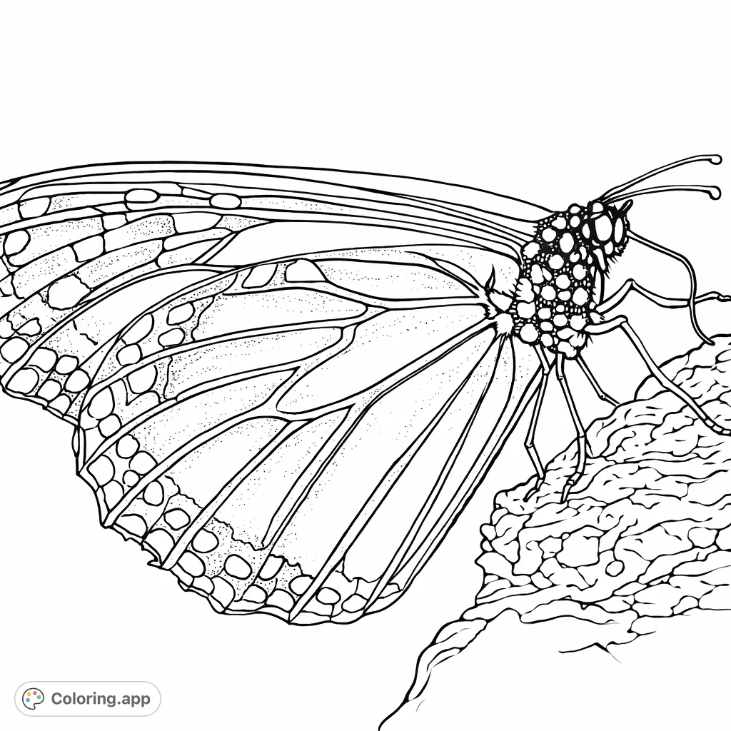 A detailed close-up of a beautiful butterfly with intricate wing patterns, a textured body, and delicate antennae, resting on a rocky surface, ready for creative coloring.