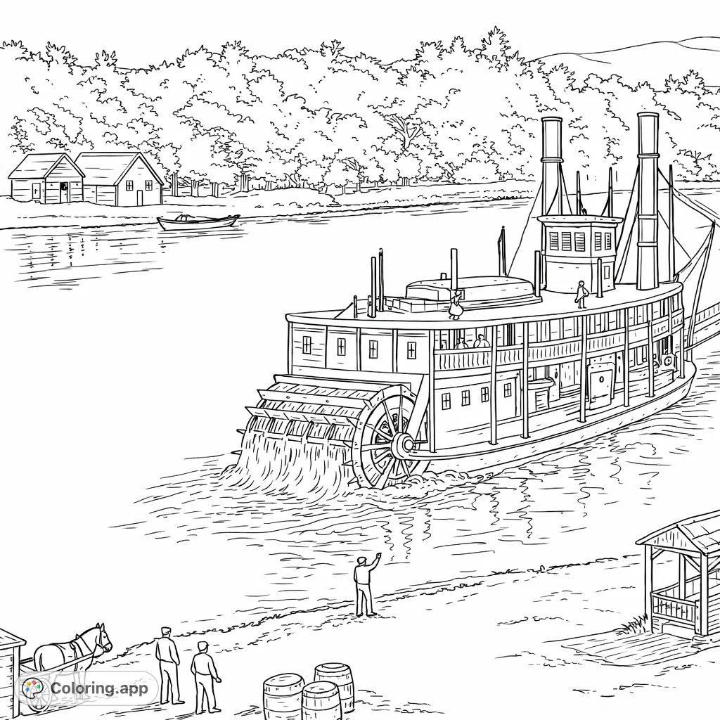 A grand steamboat with a churning paddlewheel glides down a historic river. Figures on the shore wave as it passes by a wooded landscape and quaint buildings.
