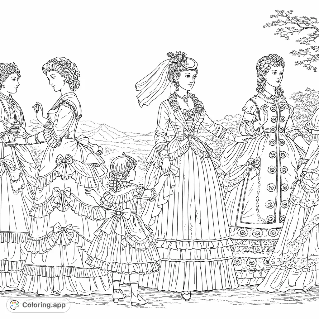 Step into the past with this elegant historical fashion coloring page, featuring women and a child in intricate, layered dresses with exquisite details.