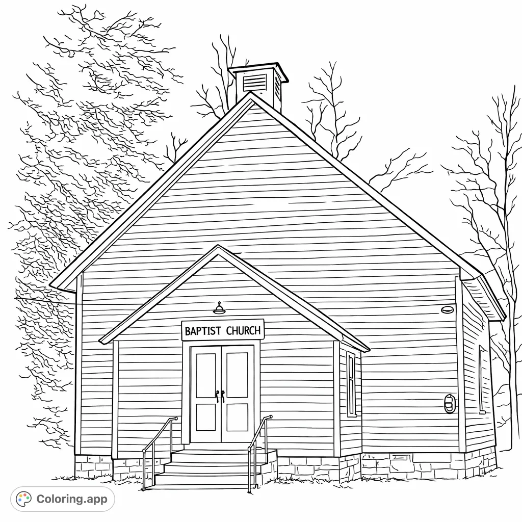 Color this serene depiction of a traditional church building with a welcoming porch and steeple. Perfect for history and architecture enthusiasts.