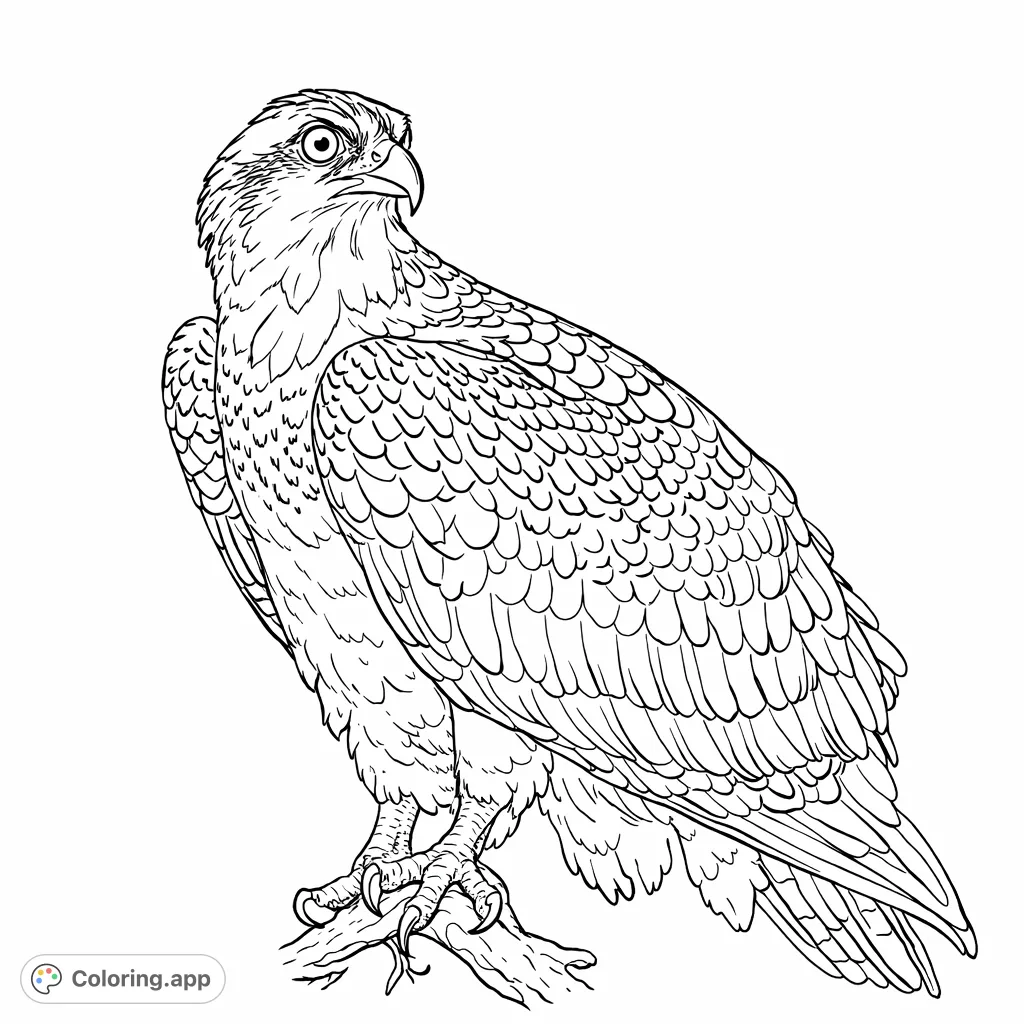 A detailed osprey perched, showcasing its striking patterns and powerful presence. A realistic bird coloring page for nature enthusiasts.