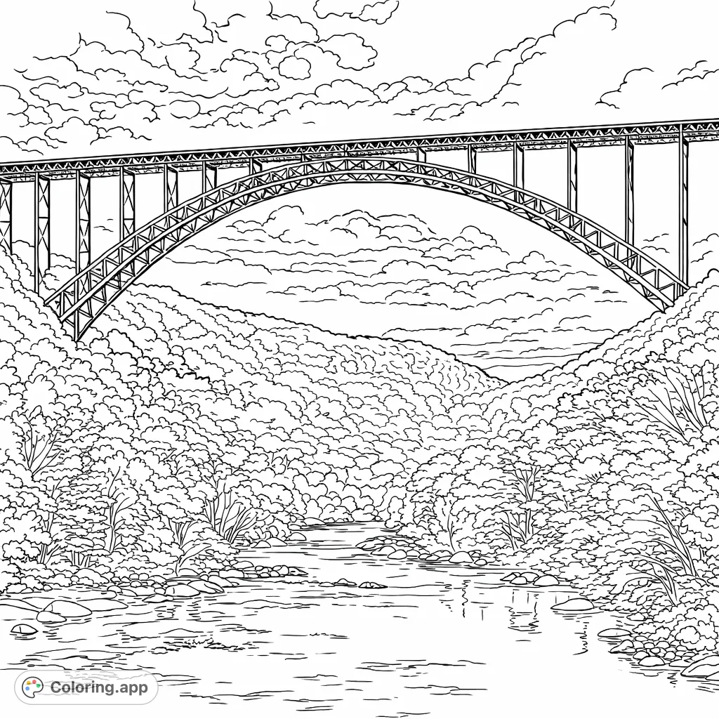 Color a stunning New River Gorge Bridge scene, featuring its intricate arch over a winding river and a dense, beautiful forest under a cloud-filled sky.