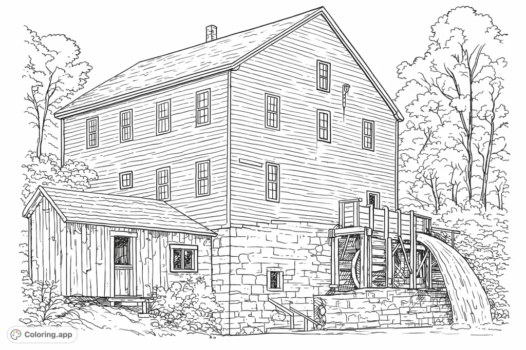 Explore a detailed old mill coloring page featuring wooden siding, a stone foundation, a powerful waterwheel, and surrounding natural elements. Perfect for history and architecture fans.